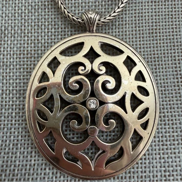 Brighton Contempo Medallion Rhinestone Charm Necklace Oval Silver Plated Scroll